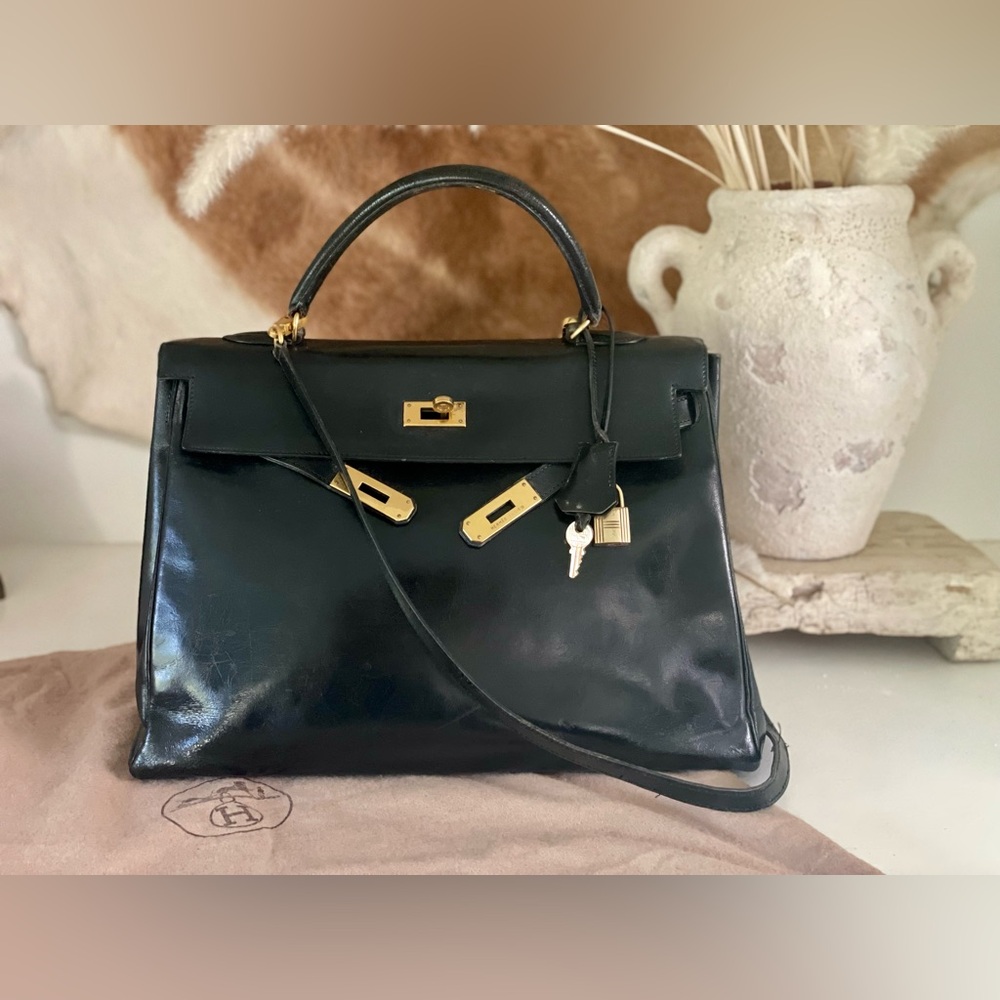HERMES | Vintage 1993 Kelly 35 Black Box Calf Leather Bag with Gold Hardware